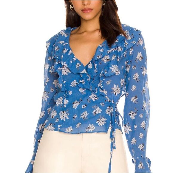 Free People Amanda Ruffle Detail Wrap-Style Blouse in Blue Floral XS - Picture 1 of 13